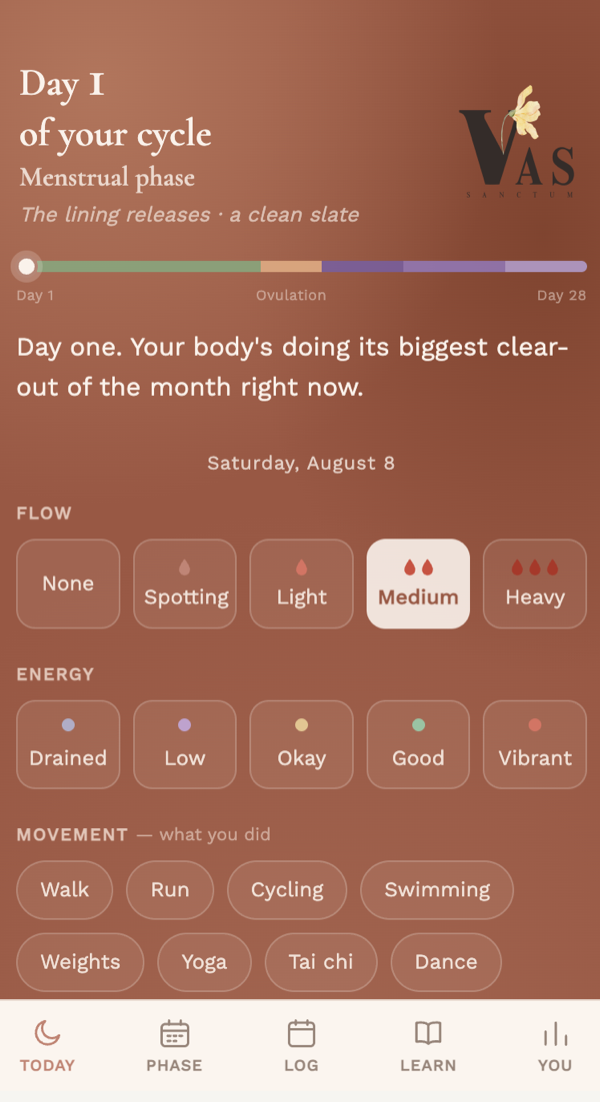 The Today screen — day one of your cycle