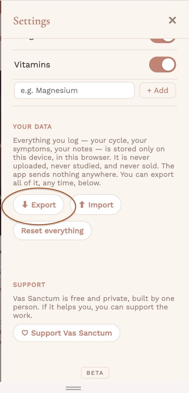 Settings — export your data