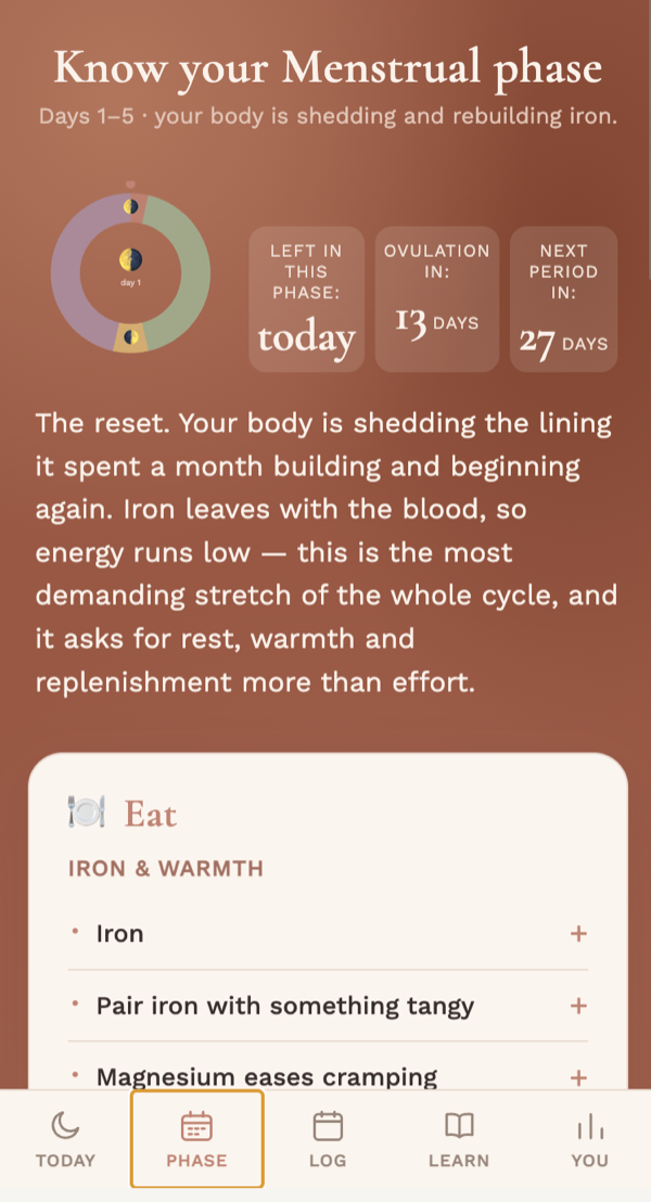 The Phase screen — know your menstrual phase