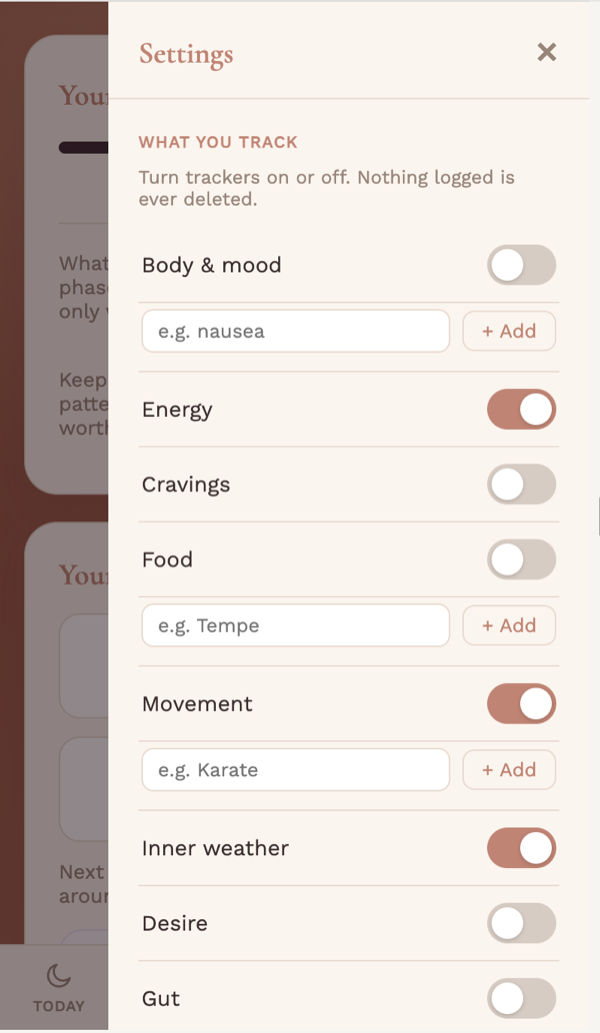 Settings — choose what you track